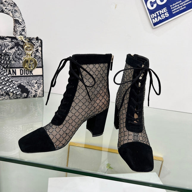 NAUGHTILY-D HEELED ANKLE BOOT IN BLACK EMBROIDERED MESH AND SUEDE 8 CM