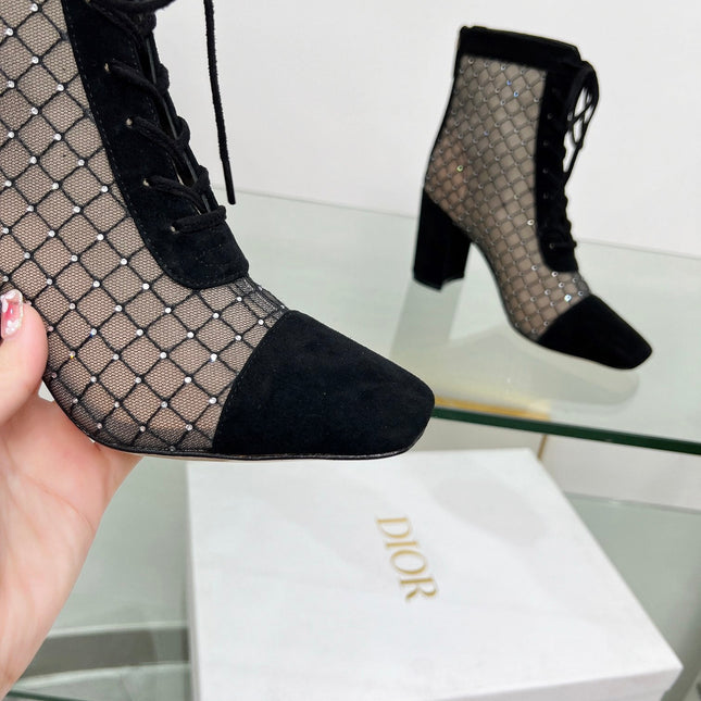 NAUGHTILY-D HEELED ANKLE BOOT IN BLACK EMBROIDERED MESH AND SUEDE 8 CM