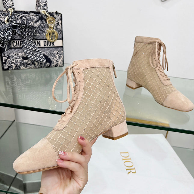 NAUGHTILY-D HEELED ANKLE BOOT IN BISQUE BEIGE EMBROIDERED MESH AND SUEDE 35 MM
