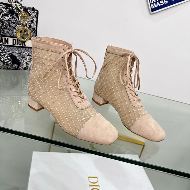 NAUGHTILY-D HEELED ANKLE BOOT IN BISQUE BEIGE EMBROIDERED MESH AND SUEDE 35 MM