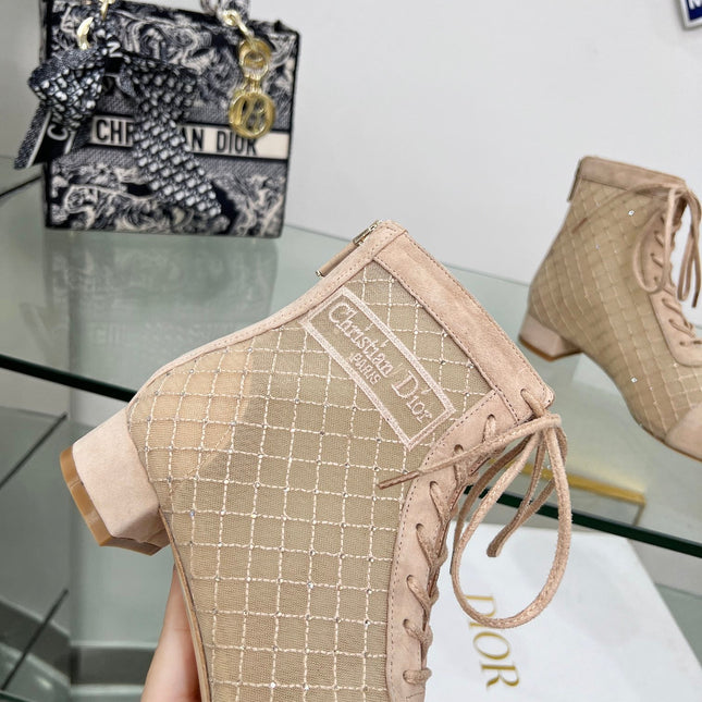 NAUGHTILY-D HEELED ANKLE BOOT IN BISQUE BEIGE EMBROIDERED MESH AND SUEDE 35 MM