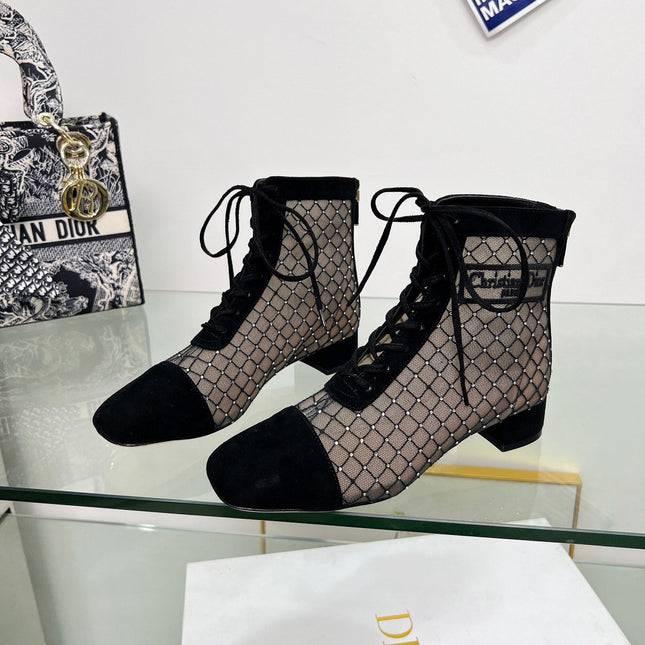 NAUGHTILY-D HEELED ANKLE BOOT IN BLACK EMBROIDERED MESH AND SUEDE 35 MM