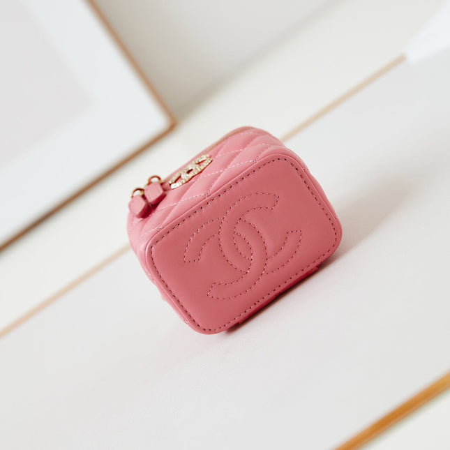 CHANEL 25S MINI VANITY BAG 11 CM IN PEACH PINK LAMBSKIN WITH CRYSTAL-EMBELLISHED CC LOGO