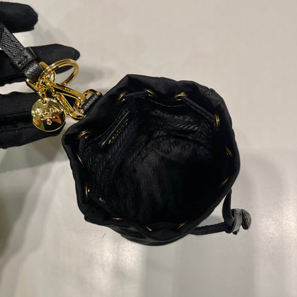 MINI BUCKET BAG 10 IN BLACK RE-NYLON AND SAFFIANO LEATHER STRAP