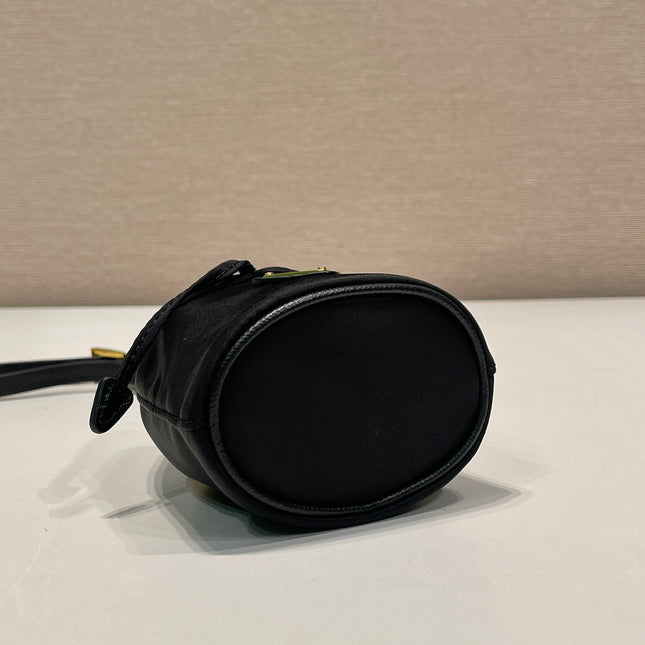 MINI BUCKET BAG 10 IN BLACK RE-NYLON AND SAFFIANO LEATHER STRAP