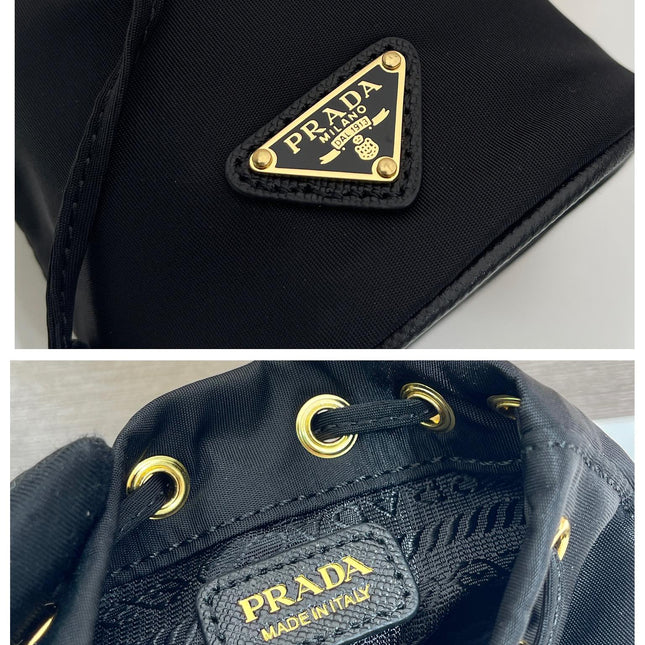 MINI BUCKET BAG 10 IN BLACK RE-NYLON AND SAFFIANO LEATHER STRAP
