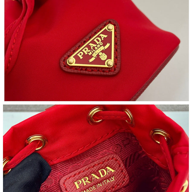 MINI BUCKET BAG 10 IN RED RE-NYLON AND SAFFIANO LEATHER STRAP