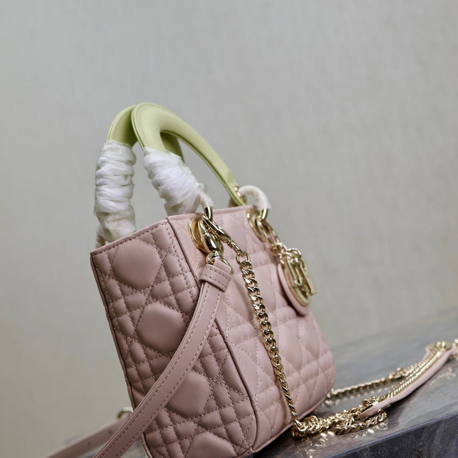 MINI LADY BAG 17 IN BABY PINK QUILTED MACROCANNAGE CALFSKIN SWAMP YELLOW STRAP
