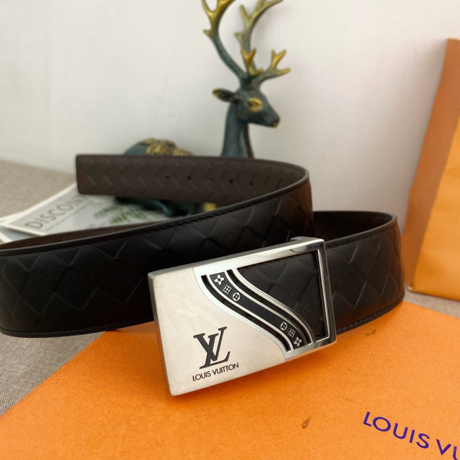 BELT 38MM IN BLACK CALFSKIN EMBOSSED CHECKERED CALFSKIN SILVER BUCKLE WITH BLACK RAISED LOGO