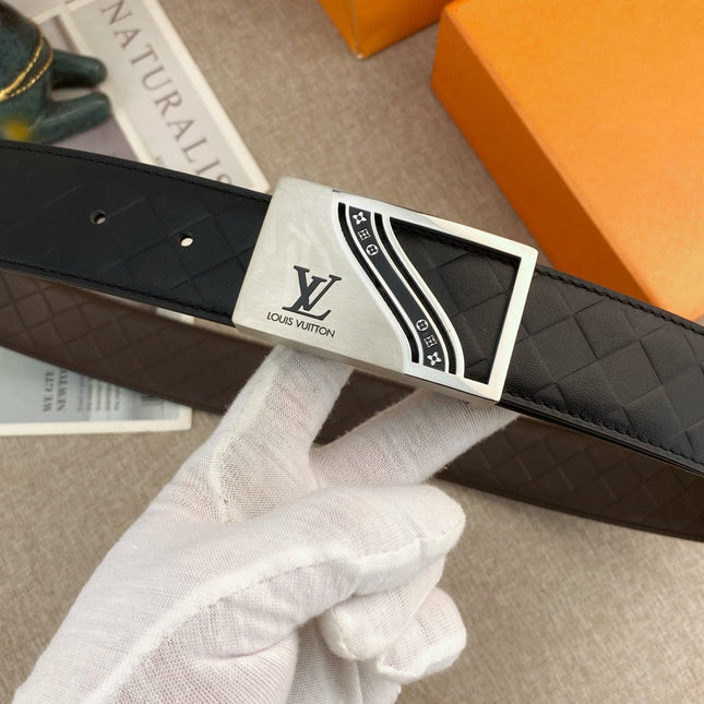 BELT 38MM IN BLACK CALFSKIN EMBOSSED CHECKERED CALFSKIN SILVER BUCKLE WITH BLACK RAISED LOGO