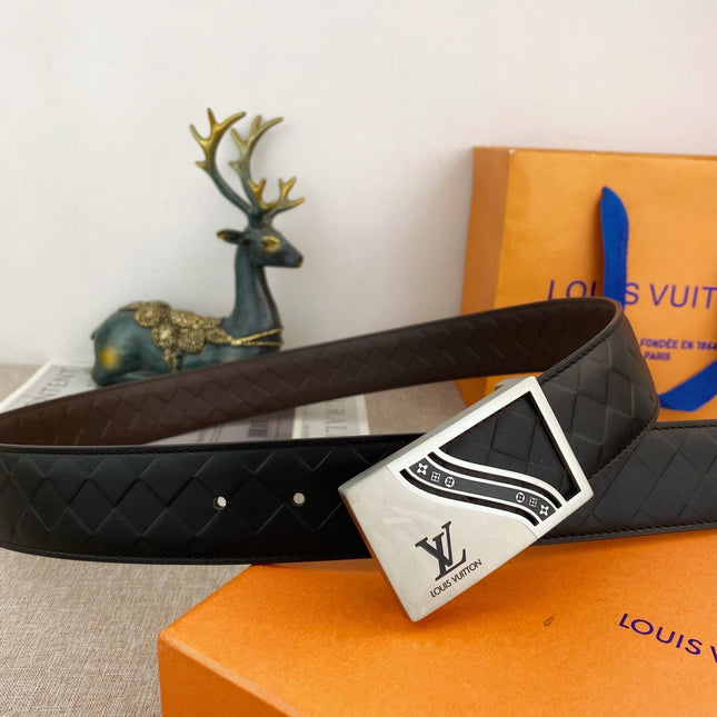 BELT 38MM IN BLACK CALFSKIN EMBOSSED CHECKERED CALFSKIN SILVER BUCKLE WITH BLACK RAISED LOGO