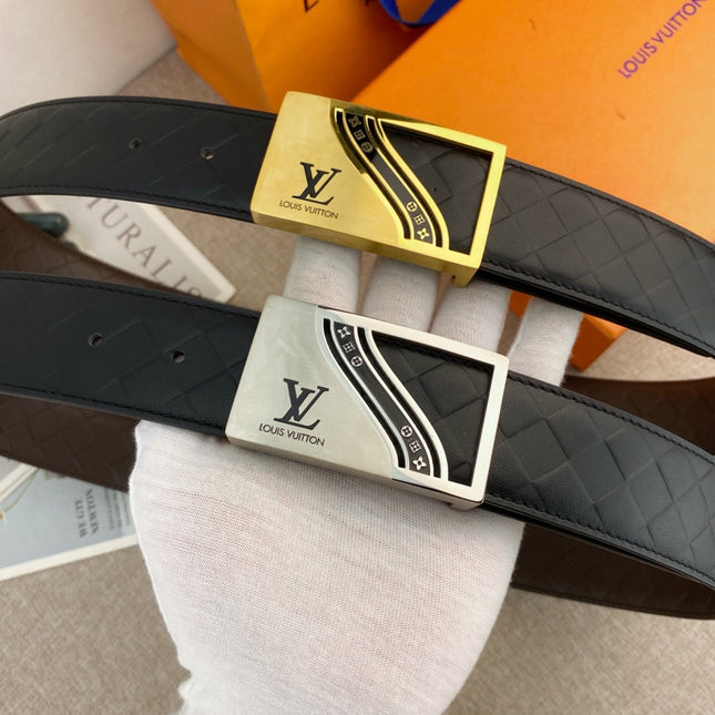 BELT 38MM IN BLACK CALFSKIN EMBOSSED CHECKERED CALFSKIN GOLD BUCKLE WITH BLACK RAISED LOGO