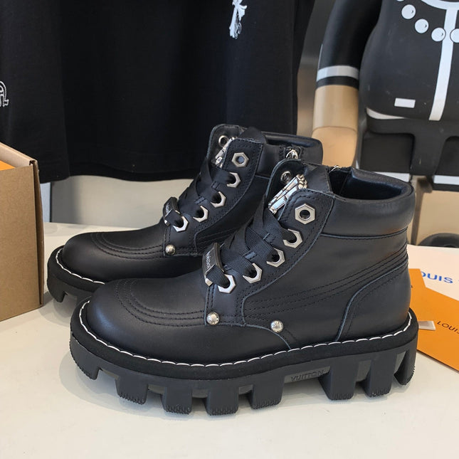 LV CHECKER ANKLE BOOT IN BLACK CALFSKIN