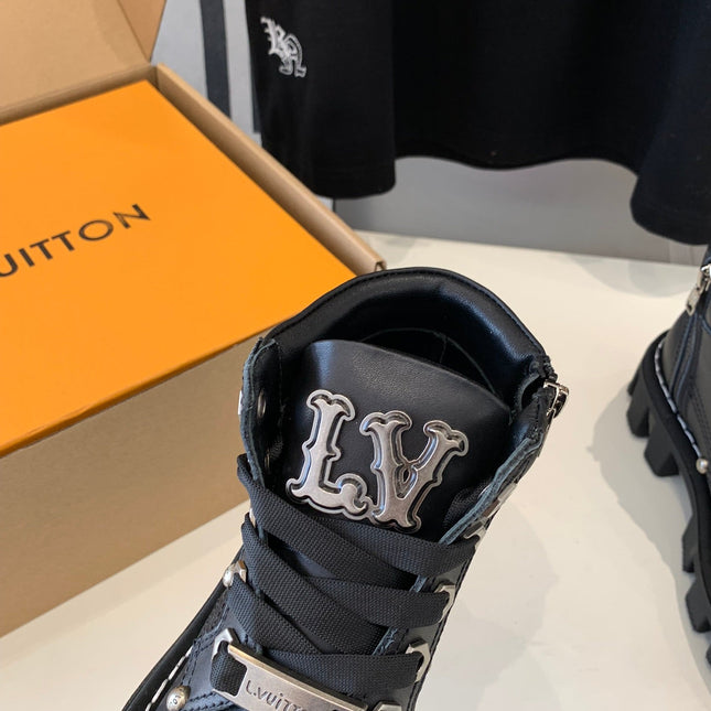 LV CHECKER ANKLE BOOT IN BLACK CALFSKIN