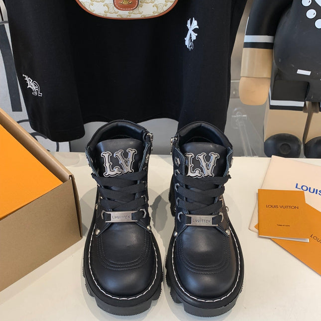 LV CHECKER ANKLE BOOT IN BLACK CALFSKIN
