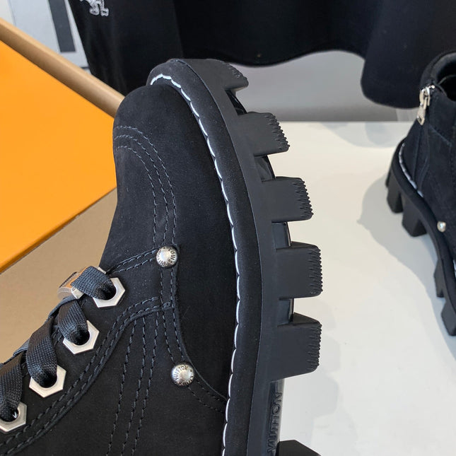 LV CHECKER ANKLE BOOT IN BLACK SUEDE