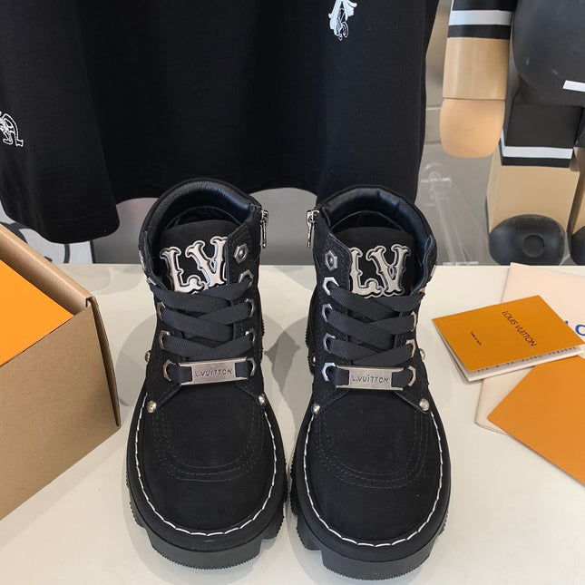 LV CHECKER ANKLE BOOT IN BLACK SUEDE
