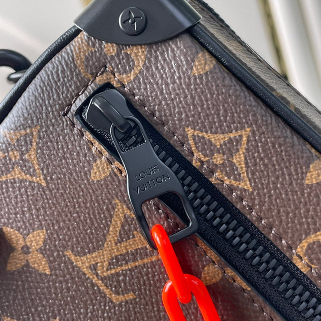 MINI SOFT TRUNK 18 IN BROWN MONOGRAM CANVAS RED ORANGE CHAIN