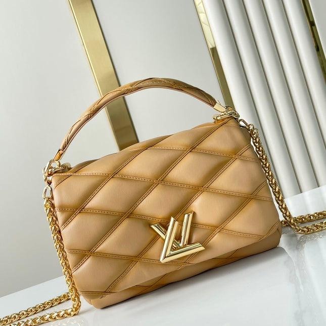 GO-14 PM 20 IN LIGHT FAWN QUILTED LAMBSKIN GOLD HARDWARE
