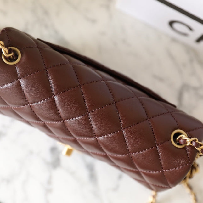 CHANEL 25S FLAP BAG 20 CM IN DARK BROWN LAMBSKIN WITH GOLD HARDWARE