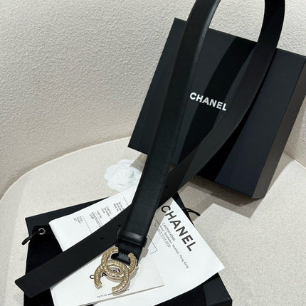 DOUBLE C BELT 30MM IN BLACK CALFSKIN WITH GOLD HARDWARE AND CARO STITCHING
