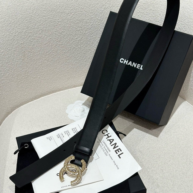 DOUBLE C BELT 30MM IN BLACK CALFSKIN WITH GOLD HARDWARE AND CARO STITCHING