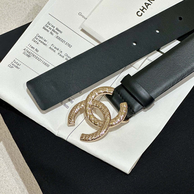 DOUBLE C BELT 30MM IN BLACK CALFSKIN WITH GOLD HARDWARE AND CARO STITCHING