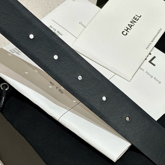 DOUBLE C BELT 30MM IN BLACK CALFSKIN WITH GOLD HARDWARE AND CARO STITCHING