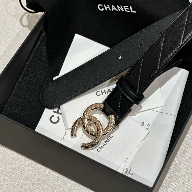 DOUBLE C BELT 30MM IN BLACK CALFSKIN EMBOSSED LOGO GOLD BUCKLE