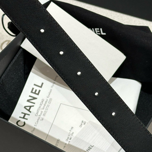 DOUBLE C BELT 30MM IN BLACK CALFSKIN EMBOSSED LOGO GOLD BUCKLE