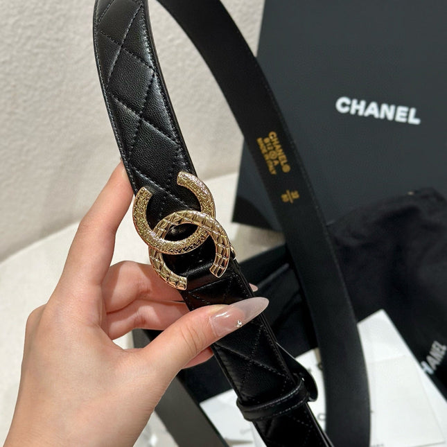 DOUBLE C BELT 30MM IN BLACK CALFSKIN EMBOSSED LOGO GOLD BUCKLE