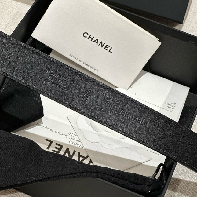 DOUBLE C BELT 30MM IN BLACK CALFSKIN GOLD BUCKLE WITH EMBOSSED CHECK PATTERN