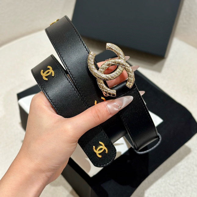 DOUBLE C BELT 30MM IN BLACK CALFSKIN GOLD BUCKLE WITH EMBOSSED CHECK PATTERN
