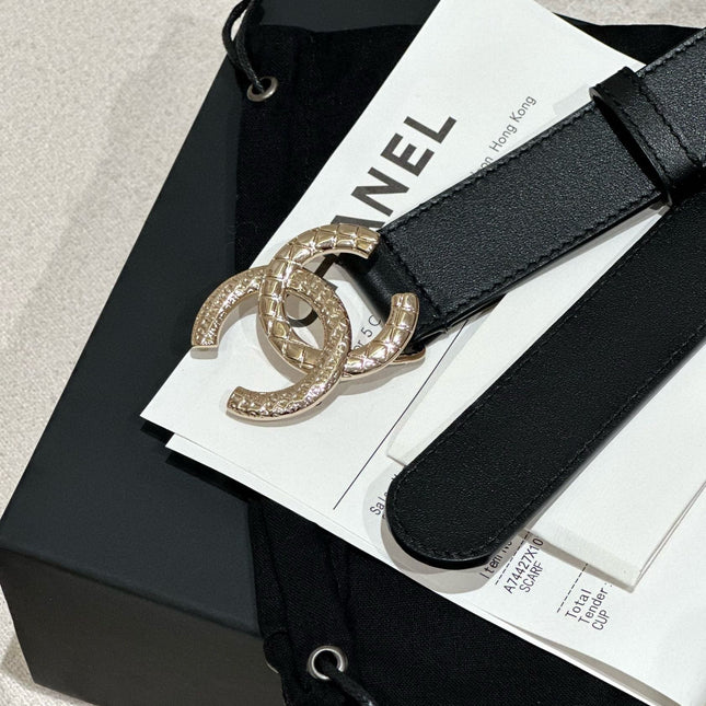 DOUBLE C BELT 30MM IN BLACK CALFSKIN GOLD BUCKLE WITH EMBOSSED CHECK PATTERN