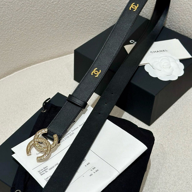 DOUBLE C BELT 30MM IN BLACK CALFSKIN GOLD BUCKLE WITH EMBOSSED CHECK PATTERN