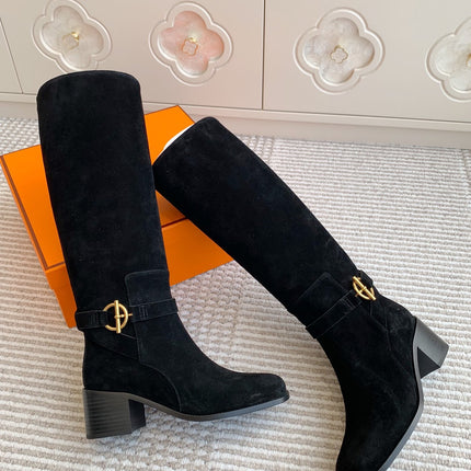 HM 25S TALL BOOTS 50 MM IN BLACK SUEDE WITH GOLD HARDWARE