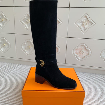HM 25S TALL BOOTS 50 MM IN BLACK SUEDE WITH GOLD HARDWARE