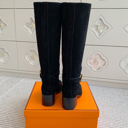 HM 25S TALL BOOTS 50 MM IN BLACK SUEDE WITH GOLD HARDWARE