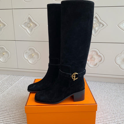 HM 25S TALL BOOTS 50 MM IN BLACK SUEDE WITH GOLD HARDWARE