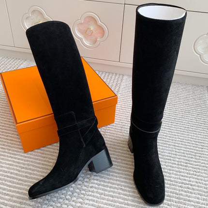 HM 25S TALL BOOTS 50 MM IN BLACK SUEDE WITH GOLD HARDWARE