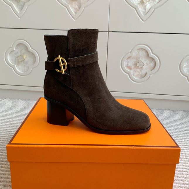HM 25S ANKLE BOOTS 50 MM IN DARK BROWN SUEDE WITH GOLD HARDWARE