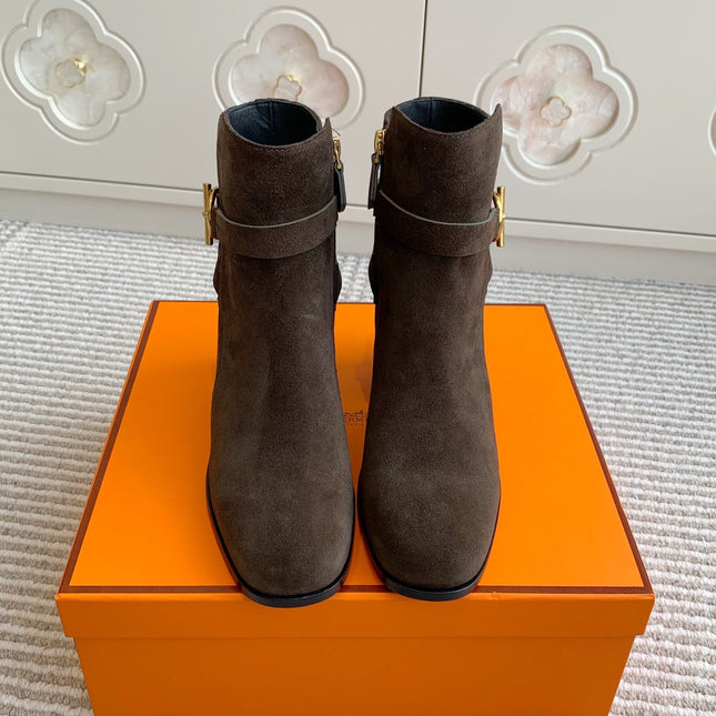 HM 25S ANKLE BOOTS 50 MM IN DARK BROWN SUEDE WITH GOLD HARDWARE