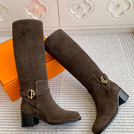 HM 25S TALL BOOTS 50 MM IN DARK BROWN SUEDE WITH GOLD HARDWARE
