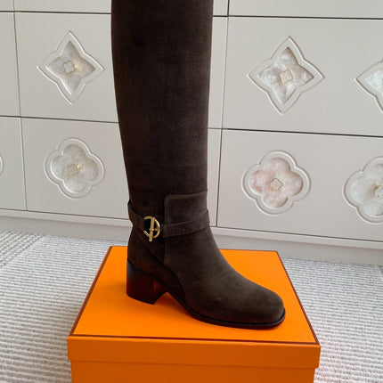 HM 25S TALL BOOTS 50 MM IN DARK BROWN SUEDE WITH GOLD HARDWARE