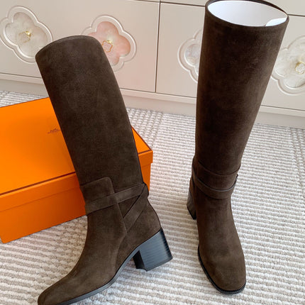 HM 25S TALL BOOTS 50 MM IN DARK BROWN SUEDE WITH GOLD HARDWARE