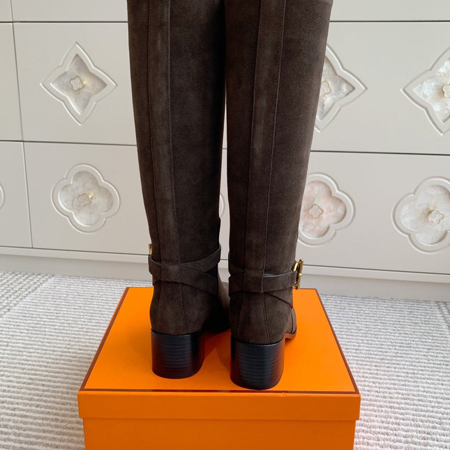 HM 25S TALL BOOTS 50 MM IN DARK BROWN SUEDE WITH GOLD HARDWARE