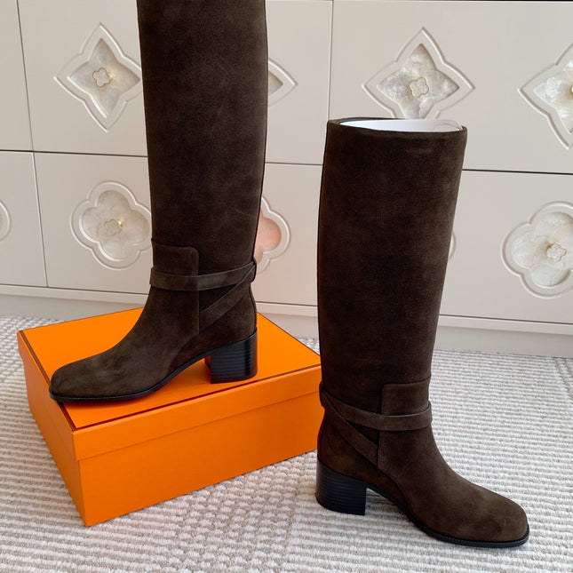 HM 25S TALL BOOTS 50 MM IN DARK BROWN SUEDE WITH GOLD HARDWARE
