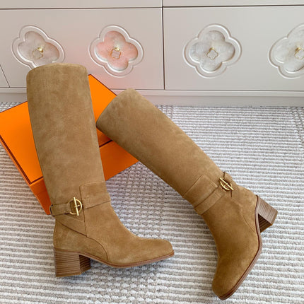 HM 25S TALL BOOTS 50 MM IN BROWN SUEDE WITH GOLD HARDWARE