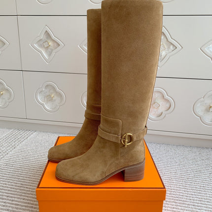 HM 25S TALL BOOTS 50 MM IN BROWN SUEDE WITH GOLD HARDWARE