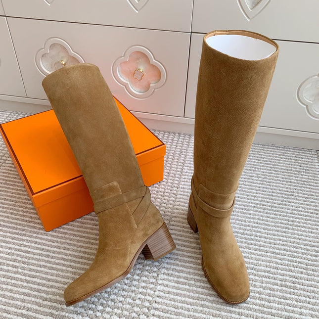 HM 25S TALL BOOTS 50 MM IN BROWN SUEDE WITH GOLD HARDWARE
